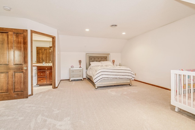 bedroom with recessed lighting, light colored carpet, visible vents, baseboards, and vaulted ceiling