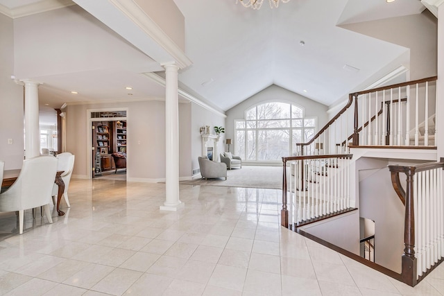 4680 152nd Ct NW, Ramsey, MN 55303 - foyer with ornate columns, stairs, vaulted ceiling, ornamental molding, and recessed lighting