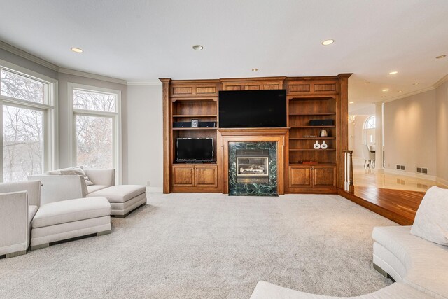 4680 152nd Ct NW, Ramsey, MN 55303 - carpeted living area featuring ornamental molding, recessed lighting, and a fireplace