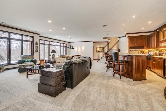 4680 152nd Ct NW, Ramsey, MN 55303 - living room with light carpet, ornamental molding, recessed lighting, and stairway