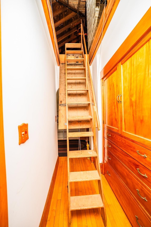 stairway featuring wood-type flooring