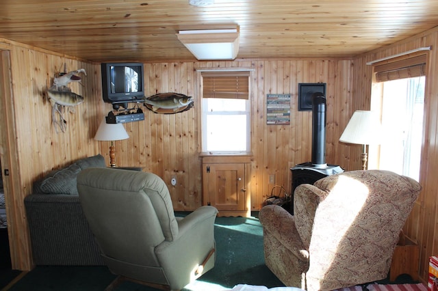 living room featuring a wealth of natural light, wooden ceiling, and a wood stove