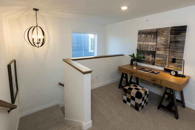 carpeted home office with a chandelier, recessed lighting, and baseboards