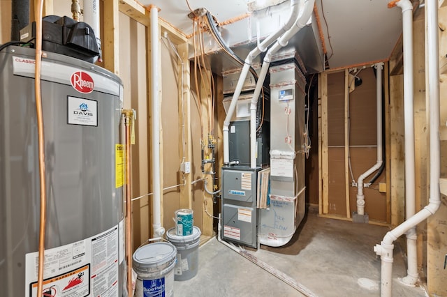 utility room with gas water heater and heating unit