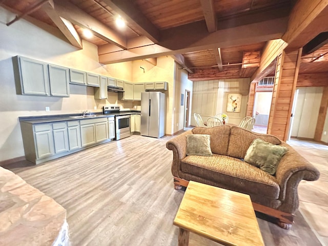 living room with light wood-style floors, wooden ceiling, beamed ceiling, and baseboards