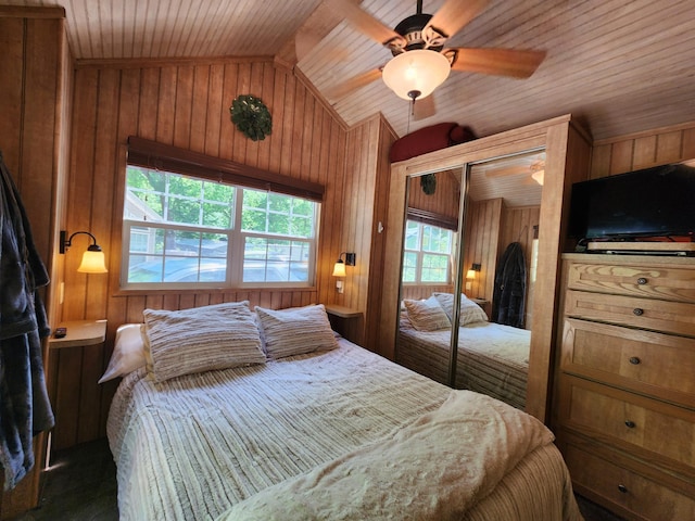 bedroom with lofted ceiling, wood walls, and wooden ceiling