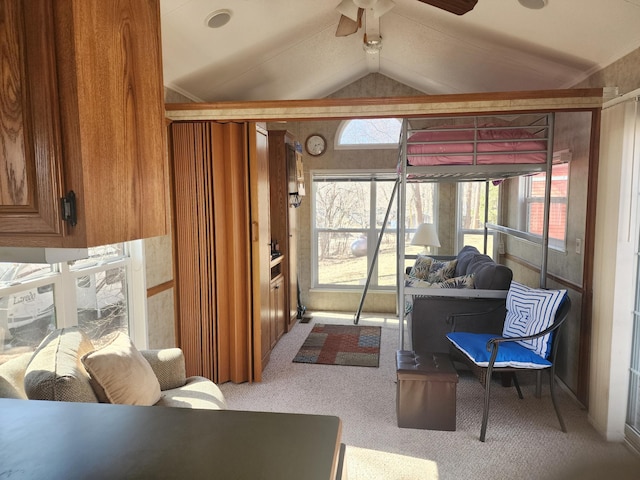 interior space with lofted ceiling and ceiling fan