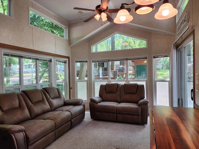 2945 County Road 4 SW Unit 118, Cokato, MN 55321 - living area with high vaulted ceiling, a ceiling fan, and carpet floors