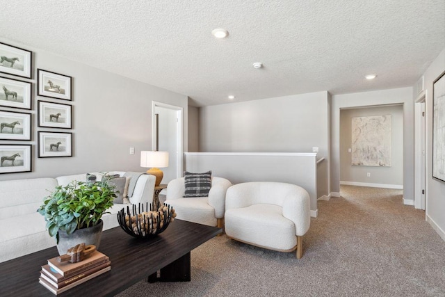 sitting room with baseboards, a textured ceiling, and carpet flooring