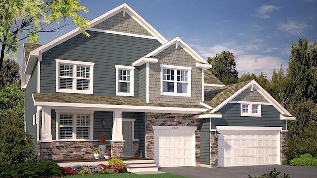 craftsman-style home featuring a garage, covered porch, stone siding, and driveway