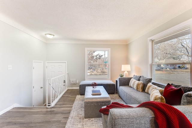 living room featuring a textured ceiling, baseboards, and wood finished floors