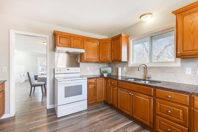 kitchen with white electric stove, under cabinet range hood, dark wood-style flooring, a sink, and brown cabinetry