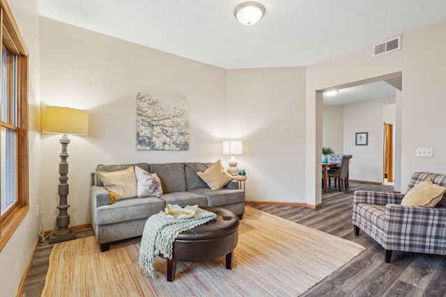 living room with wood finished floors, visible vents, and baseboards