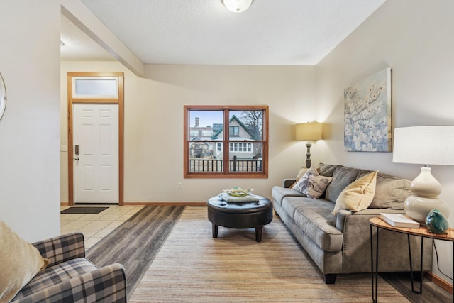 living area with a textured ceiling, light wood finished floors, and baseboards