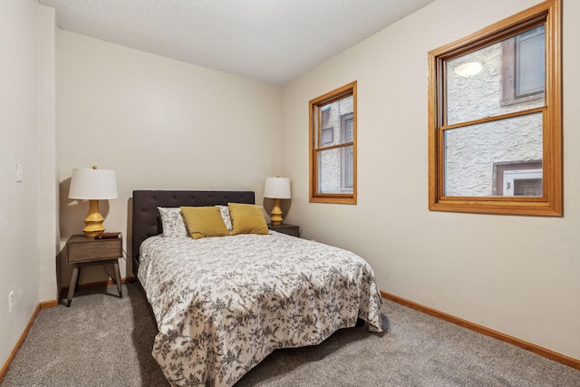 bedroom featuring a textured ceiling, carpet floors, and baseboards