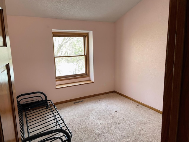 carpeted empty room with visible vents, baseboards, and a textured ceiling