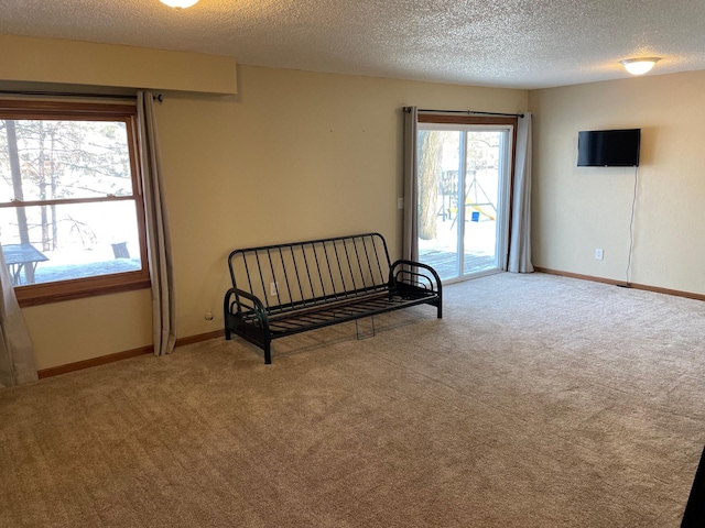 living area with carpet flooring, a textured ceiling, and baseboards