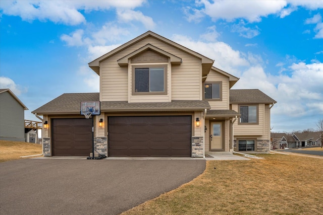 view of front of house with aphalt driveway, a front yard, stone siding, and a shingled roof