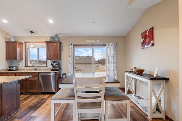 kitchen featuring a wealth of natural light, a sink, stainless steel dishwasher, and wood finished floors