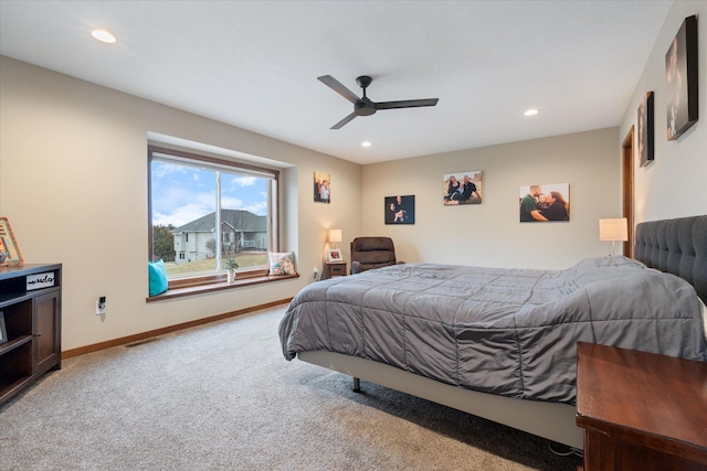 carpeted bedroom featuring visible vents, baseboards, and recessed lighting