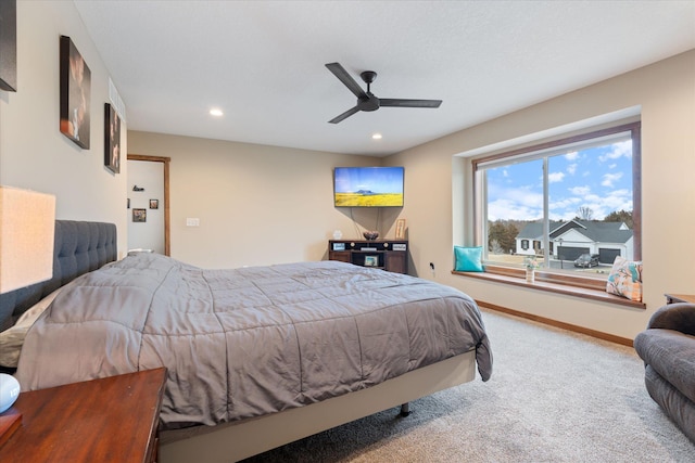 bedroom with recessed lighting, carpet, a ceiling fan, and baseboards