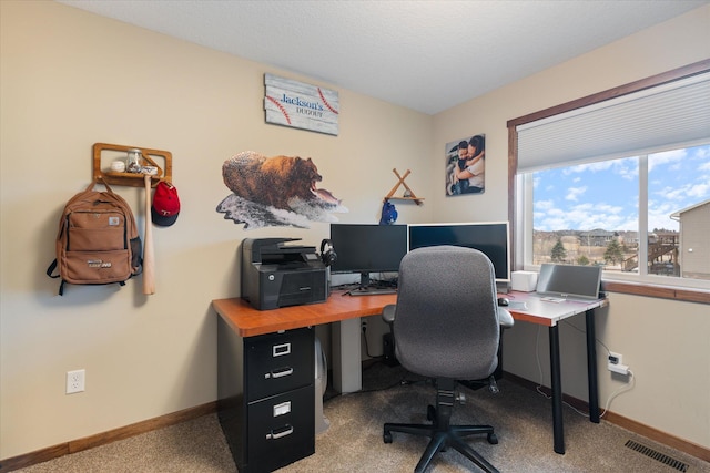 home office featuring carpet, visible vents, and baseboards