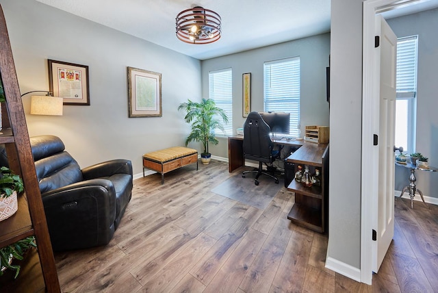 office space with baseboards and wood finished floors