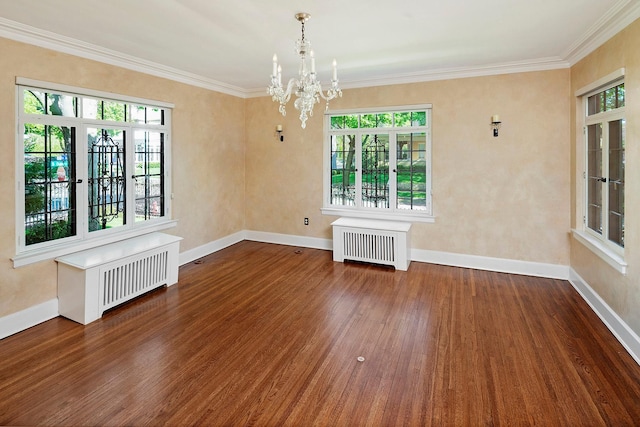 unfurnished dining area with radiator heating unit, baseboards, and dark wood-type flooring