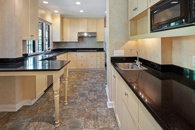 kitchen featuring black microwave, tasteful backsplash, stone finish floor, and a sink