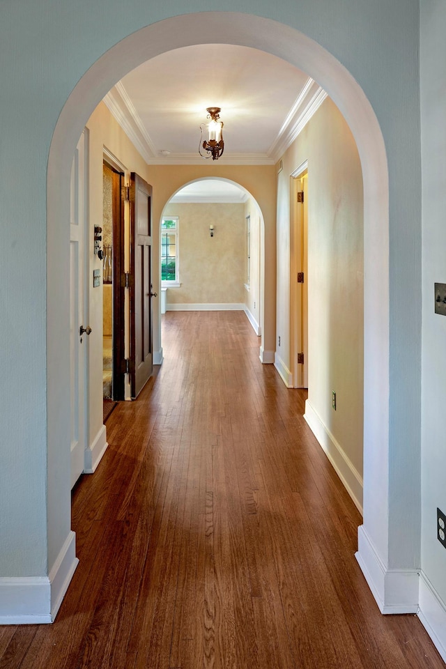 1769 Dupont Ave S Unit 1, Minneapolis, MN 55403 - hallway featuring arched walkways, ornamental molding, dark wood-style flooring, and baseboards
