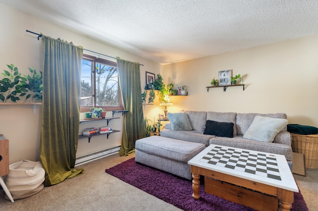 living area featuring a baseboard heating unit, a textured ceiling, and carpet