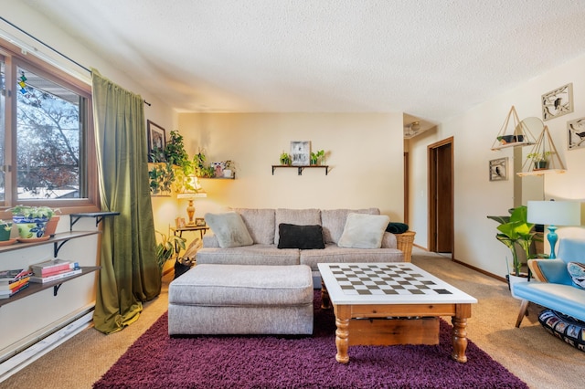 carpeted living area with a textured ceiling and baseboard heating