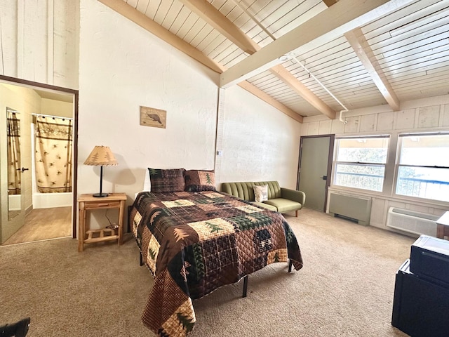 bedroom featuring high vaulted ceiling, beam ceiling, carpet flooring, and a wall mounted air conditioner