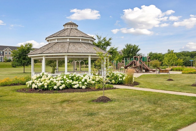 community jungle gym featuring a yard and a gazebo