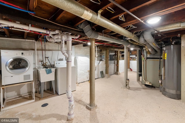 unfinished below grade area with gas water heater, a sink, washing machine and clothes dryer, and heating unit