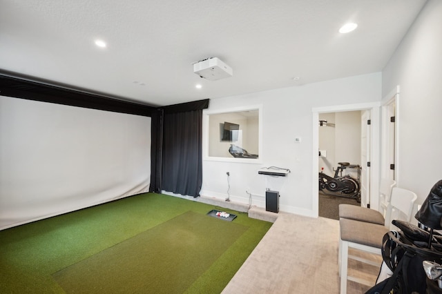 cinema with baseboards, golf simulator, carpet flooring, and recessed lighting