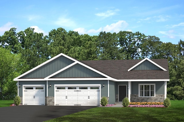 craftsman house with an attached garage, a shingled roof, stone siding, driveway, and a front yard