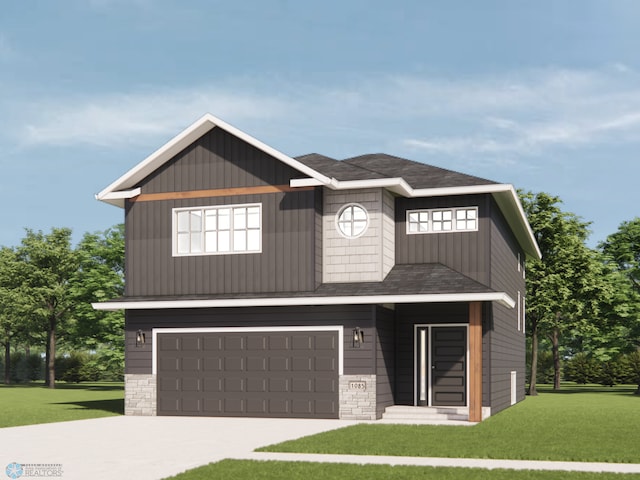 view of front of house featuring roof with shingles, an attached garage, a front yard, stone siding, and driveway