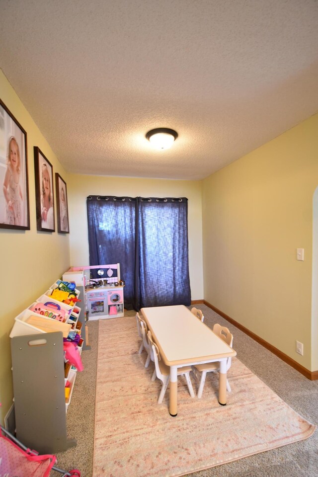 game room featuring baseboards, a textured ceiling, and carpet