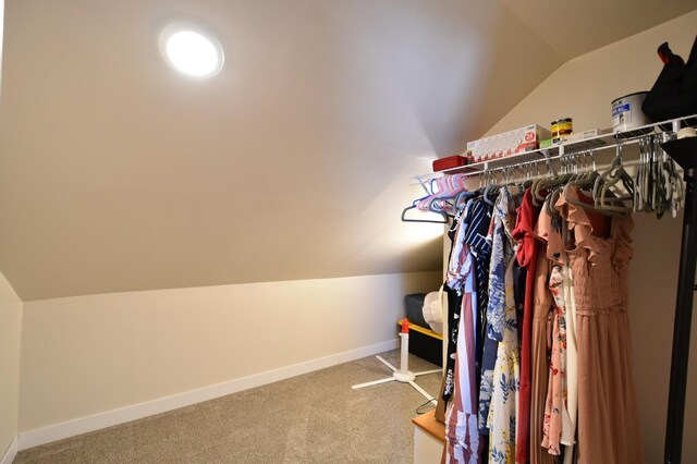 walk in closet with lofted ceiling and carpet floors