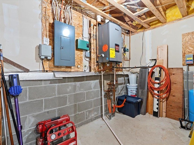 utility room featuring electric panel and tankless water heater