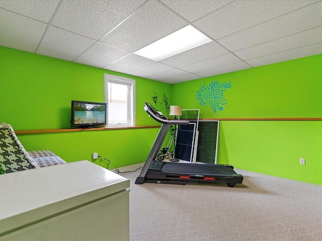workout room featuring a paneled ceiling and carpet