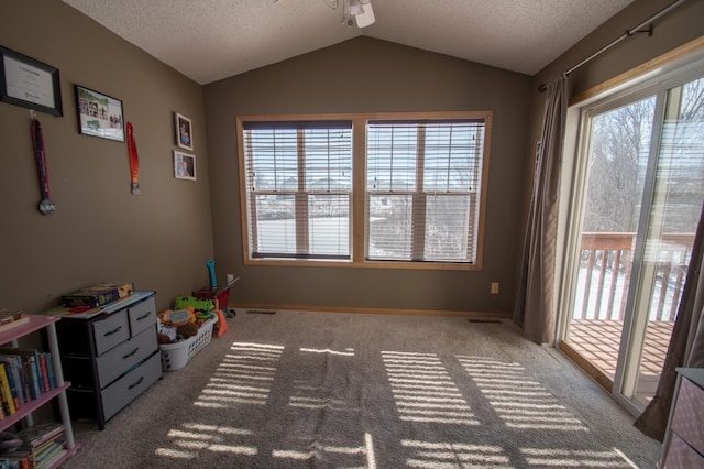 game room featuring lofted ceiling, a healthy amount of sunlight, and a textured ceiling