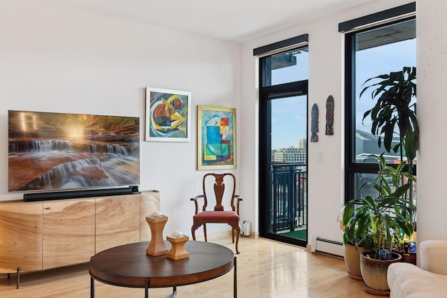 living area featuring light wood finished floors and a baseboard radiator