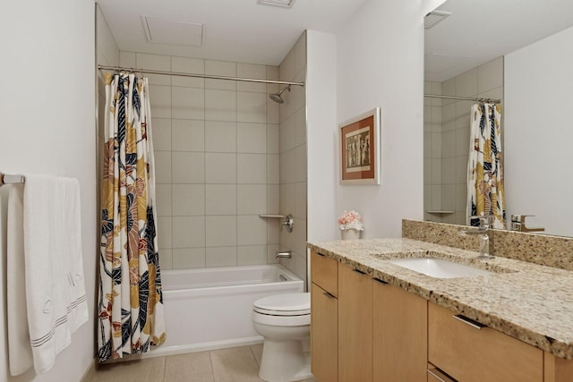 bathroom with visible vents, shower / tub combo with curtain, toilet, tile patterned flooring, and vanity