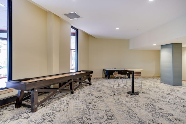 recreation room with recessed lighting, visible vents, baseboards, and carpet flooring