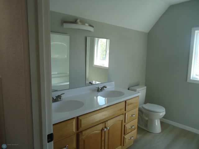 212 May Ave, Page, ND 58064 - bathroom featuring toilet, wood finished floors, double vanity, vaulted ceiling, and baseboards