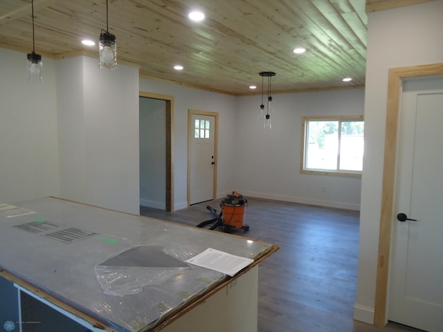 212 May Ave, Page, ND 58064 - kitchen featuring wooden ceiling, recessed lighting, wood finished floors, pendant lighting, and baseboards