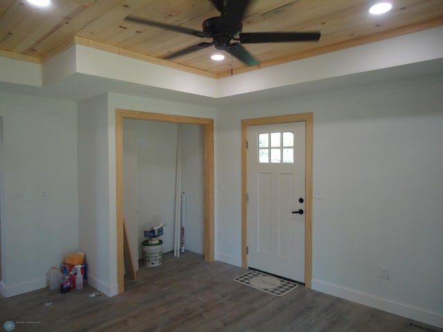 212 May Ave, Page, ND 58064 - foyer entrance with recessed lighting, ceiling fan, wood finished floors, wooden ceiling, and baseboards
