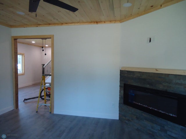 212 May Ave, Page, ND 58064 - unfurnished living room with a fireplace, wood finished floors, wood ceiling, ceiling fan, and baseboards